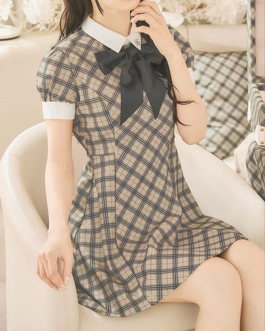 ミシェルマカロン オリジナルチェック柄リボンミニワンピース F