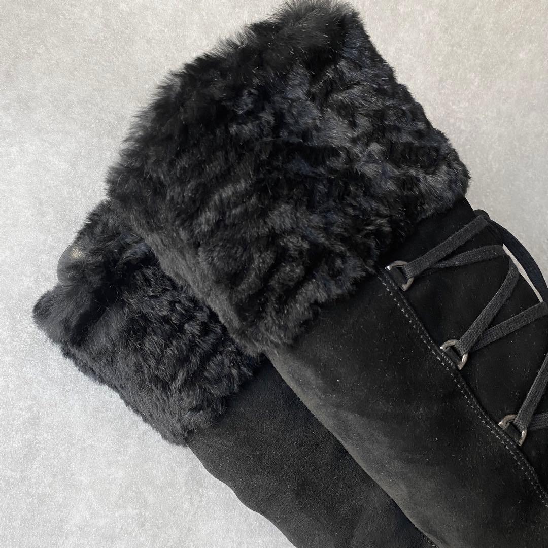 Stuart Weitzman ニーハイ ロングブーツ スエード ファー 黒