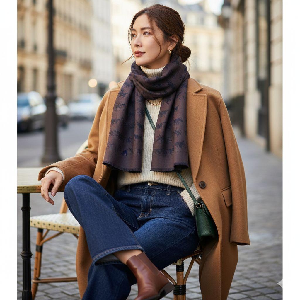 ​美品✨エルメス✨英国製 カシミヤシルク マフラー 馬 狩猟柄 186cm