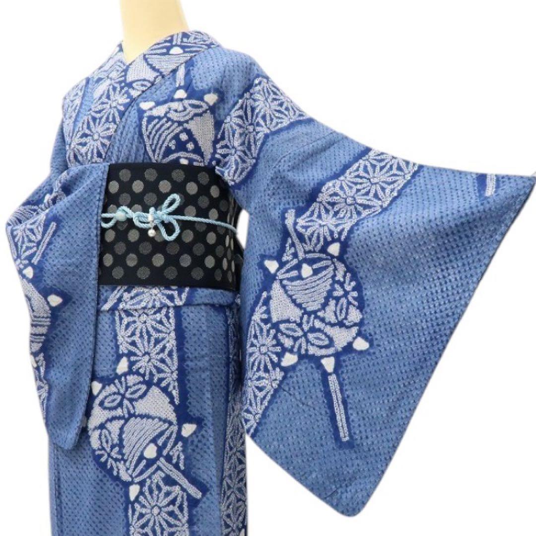 むぅママ✺美品 有松鳴海絞り 麻の葉 ゆったり 綿 高級浴衣 A3085