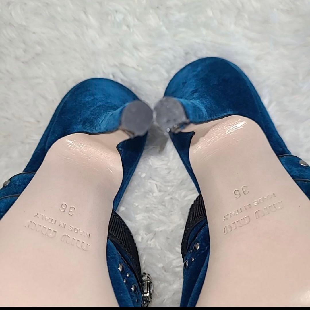 miumiu ブルーベルベット ミュール スタッズ クリスタル 装飾 美品 春夏