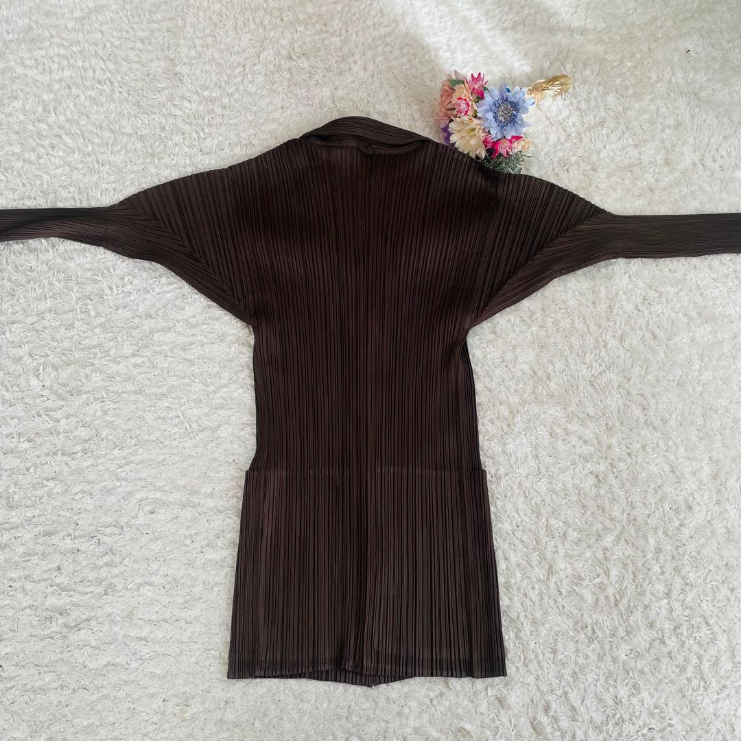 人気✨プリーツプリーズ♡長袖ロングブラウス カーディガン ポケット付き　3 濃茶