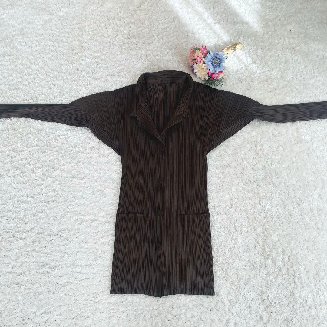 人気✨プリーツプリーズ♡長袖ロングブラウス カーディガン ポケット付き　3 濃茶