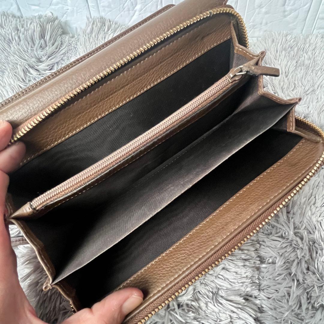 GUCCI 大容量　長財布　ラウンドファスナー　シボレザー　ブラウン　メンズ