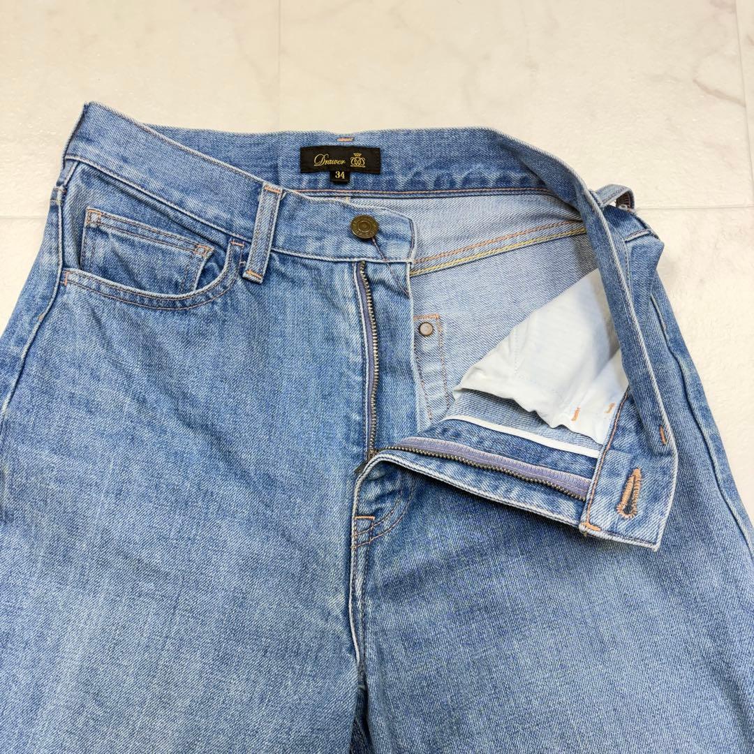 ドゥロワー　ワイドデニムパンツ　日本製　34 セルビッチ　ロゴ刺繍　青　ジーパン