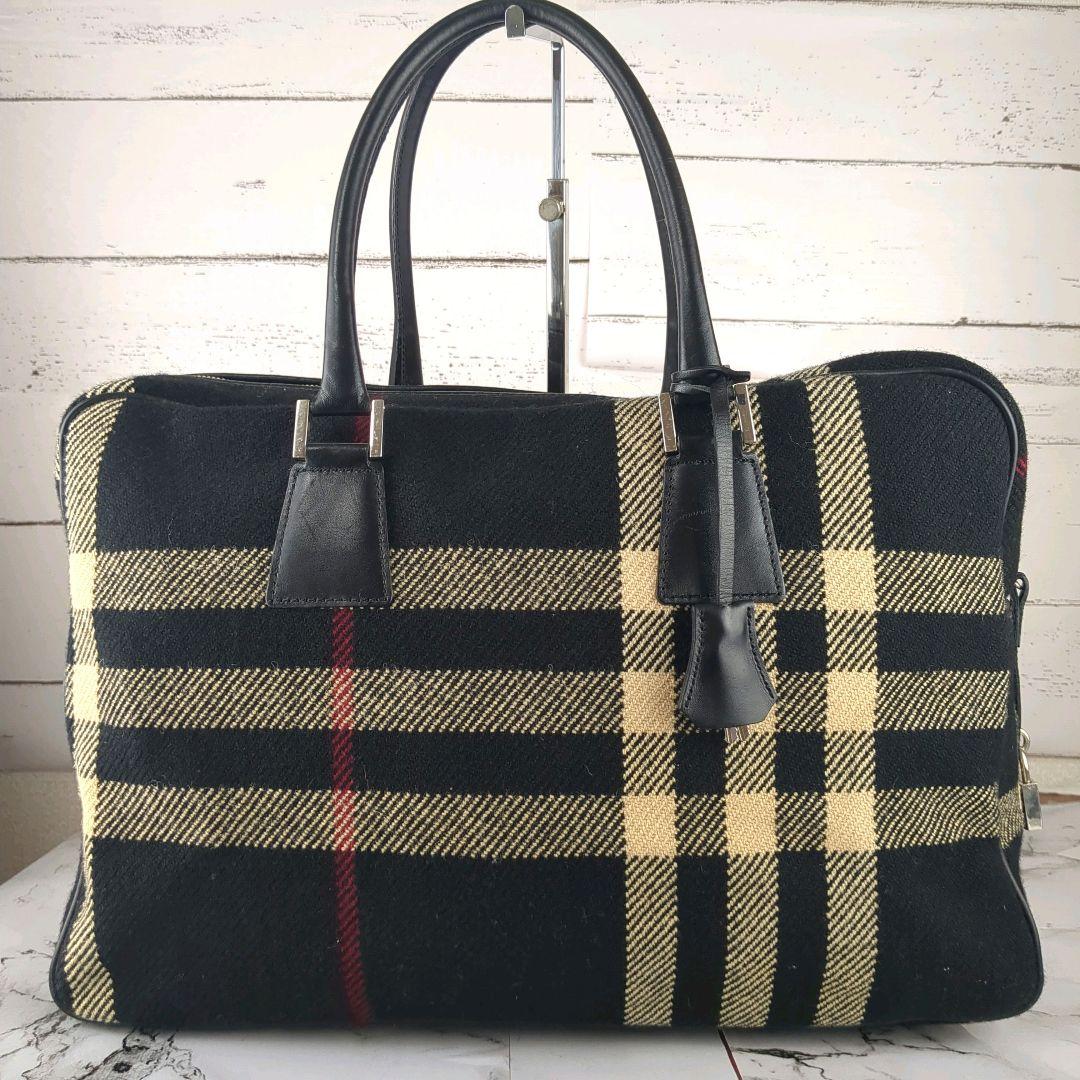 【美品】バーバリー☆メガチェック　ツイード　鍵付き　大容量　ボストンバッグ