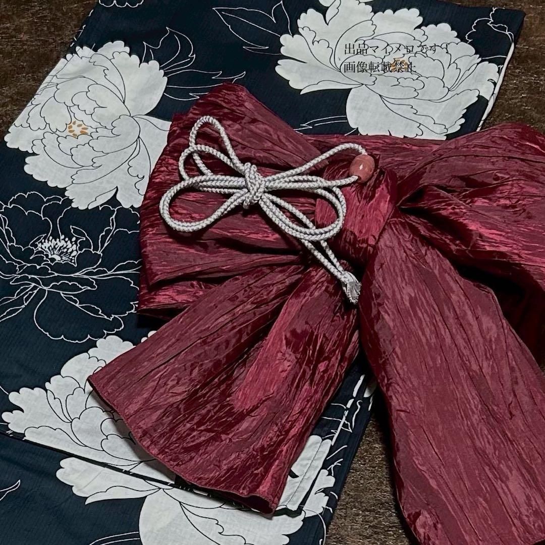 浴衣　大きめサイズ　浴衣 3L 牡丹　濃紺　兵児帯エンジ　2点　新品　0719②