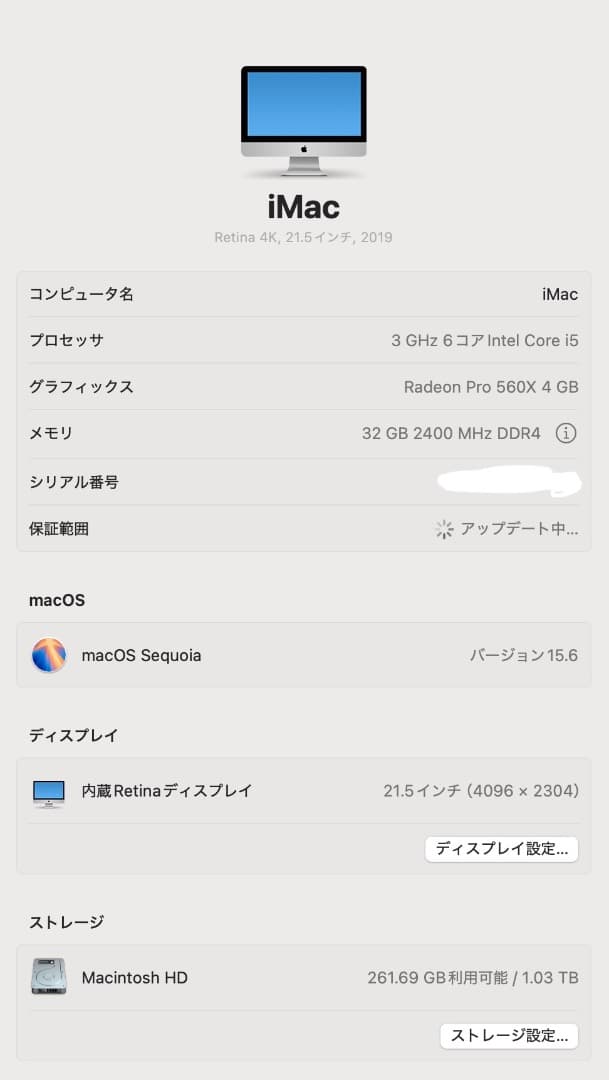 iMac/21.5inch/ 2019/メモリー32GB/SSD1TB
