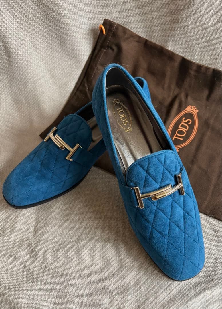 美品 トッズ ダブルT ローファー スエード ネイビー 38 1/2