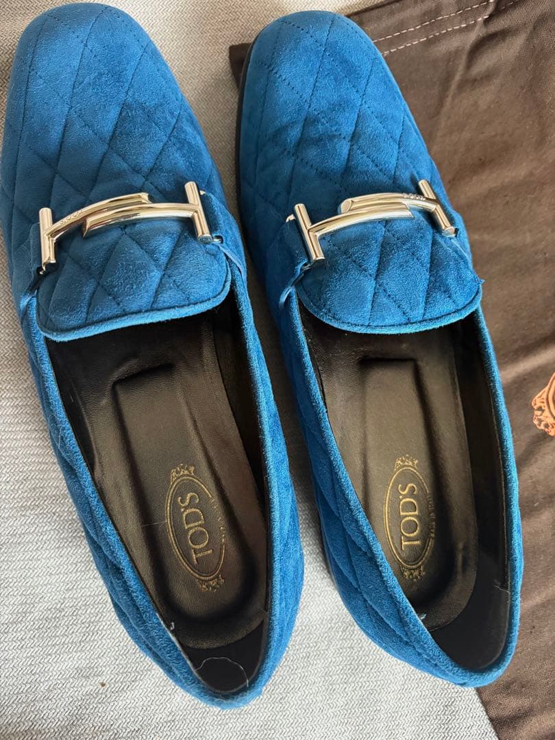 美品 トッズ ダブルT ローファー スエード ネイビー 38 1/2