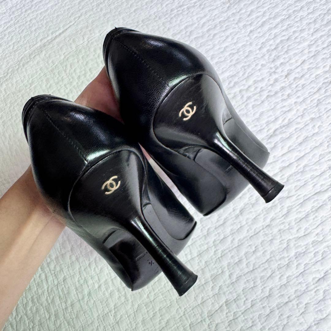 美品 CHANEL ココマーク ポインテッドトゥパンプス レザー リボン 黒