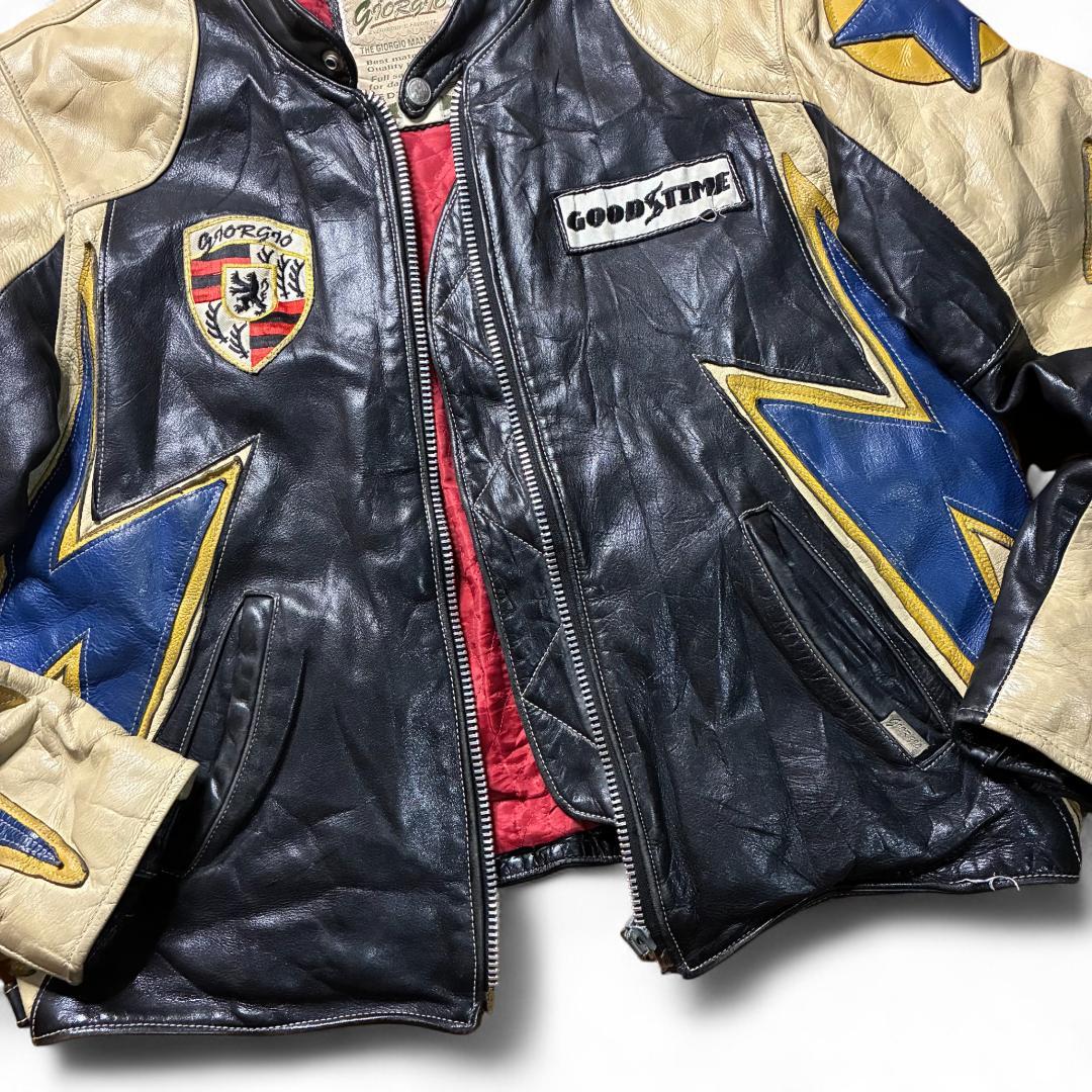 【激レア】90s GIORGIO レザーライダース 稲妻 ワッペン 刺繍 短丈