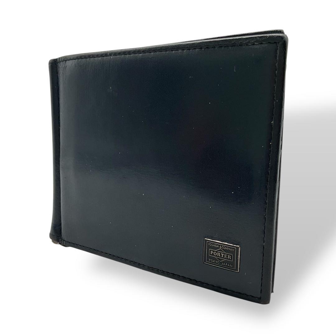 美品 PORTER ポーター PLUME 二つ折り マネークリップ レザー 黒