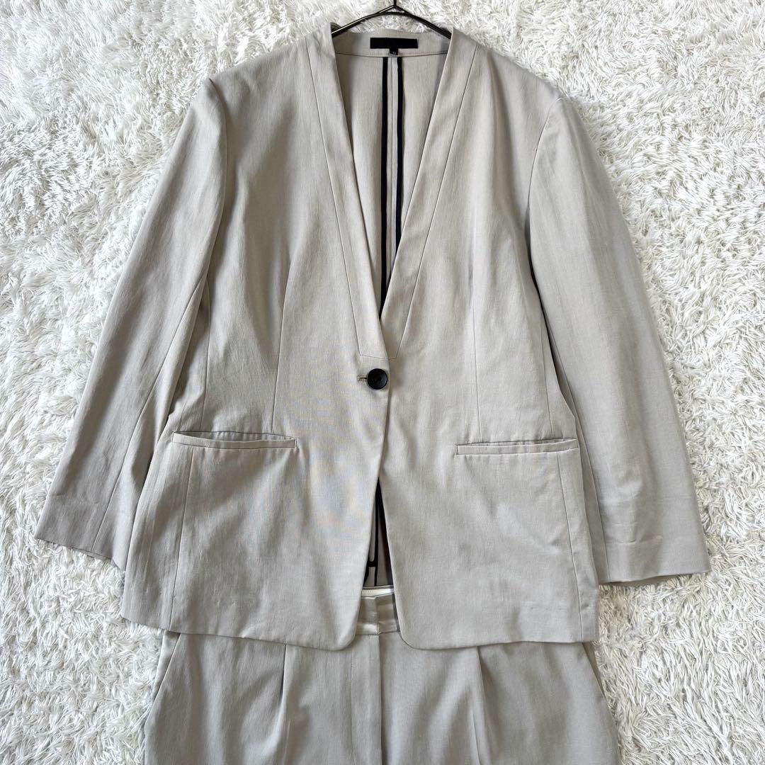 ICB ノーカラー　麻混　ビジネス　パンツスーツ　セットアップ　42 洗える