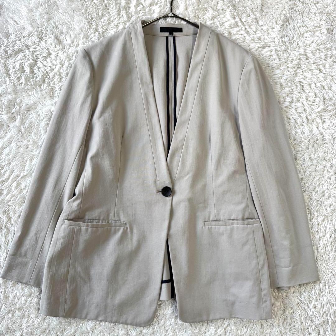 ICB ノーカラー　麻混　ビジネス　パンツスーツ　セットアップ　42 洗える