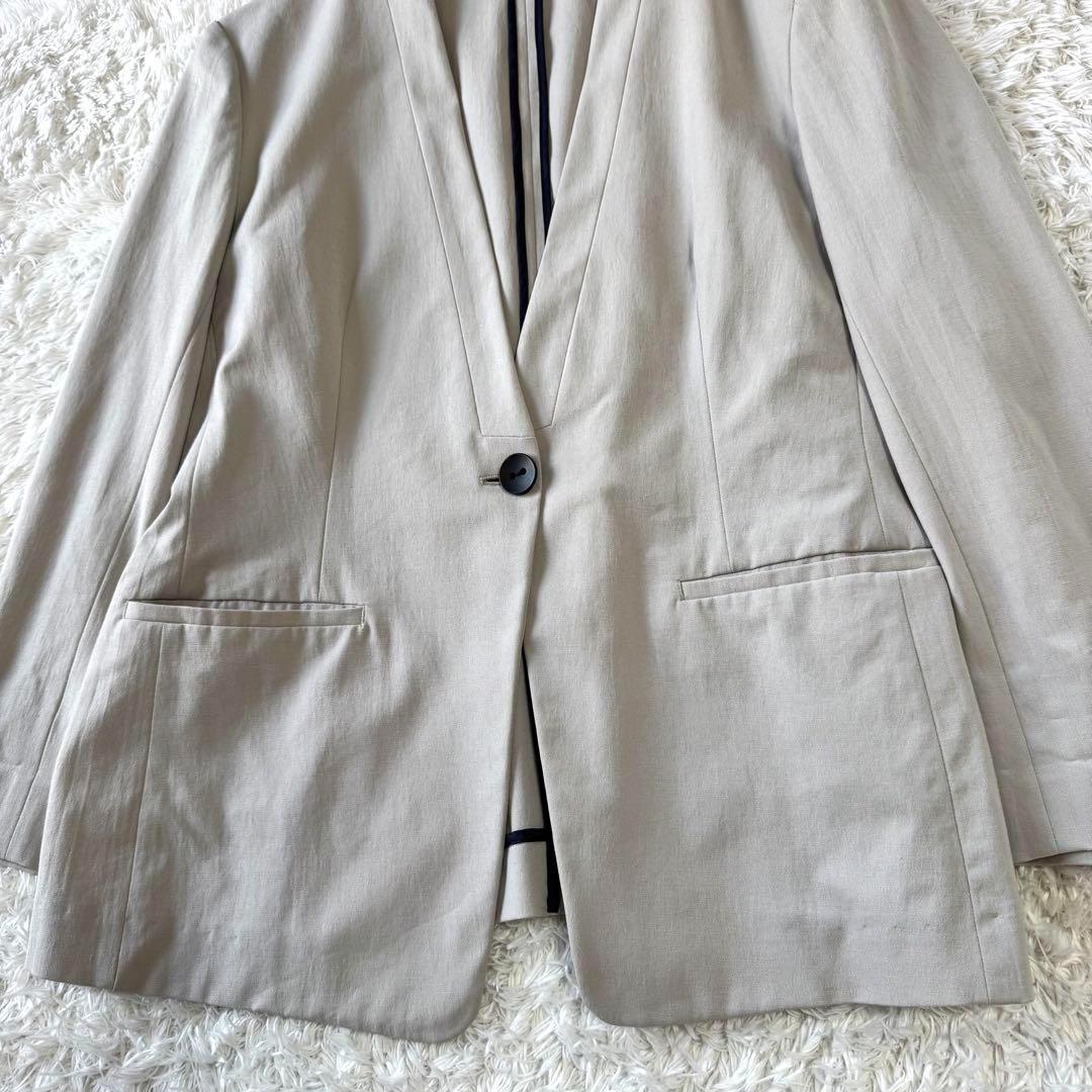 ICB ノーカラー　麻混　ビジネス　パンツスーツ　セットアップ　42 洗える