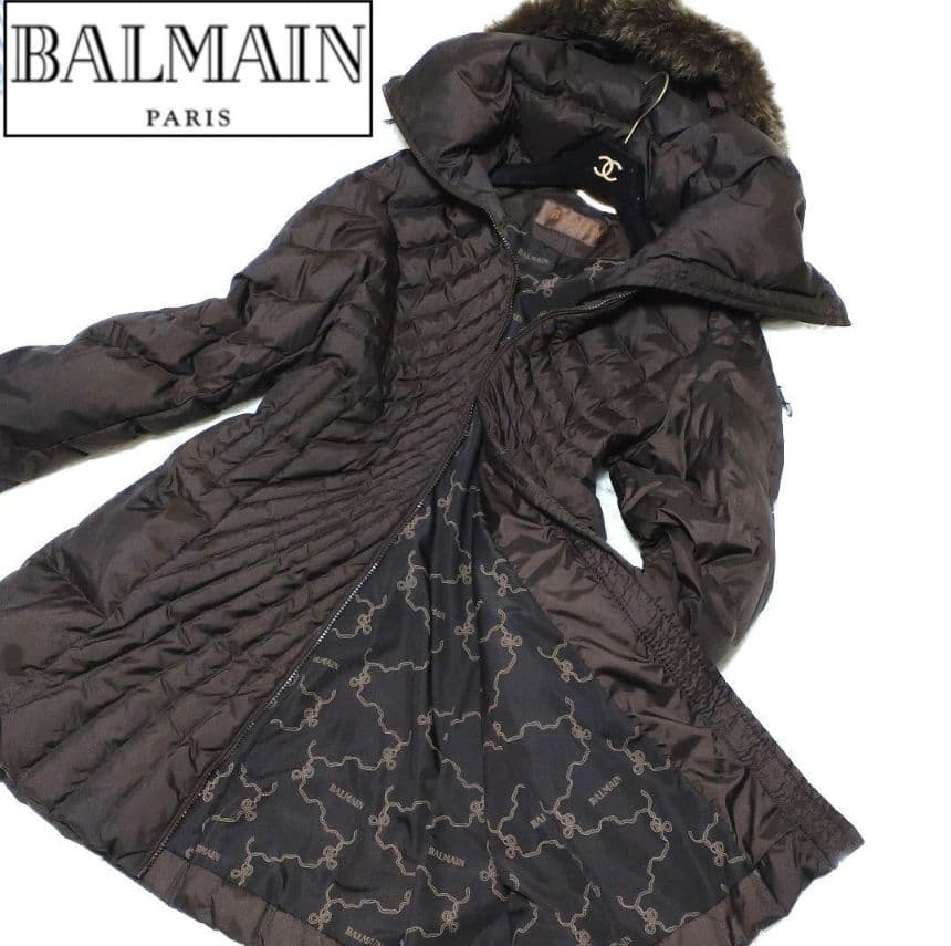 BALMAIN Lサイズ ダウンコート リアルファー 大きいサイズ フード 茶