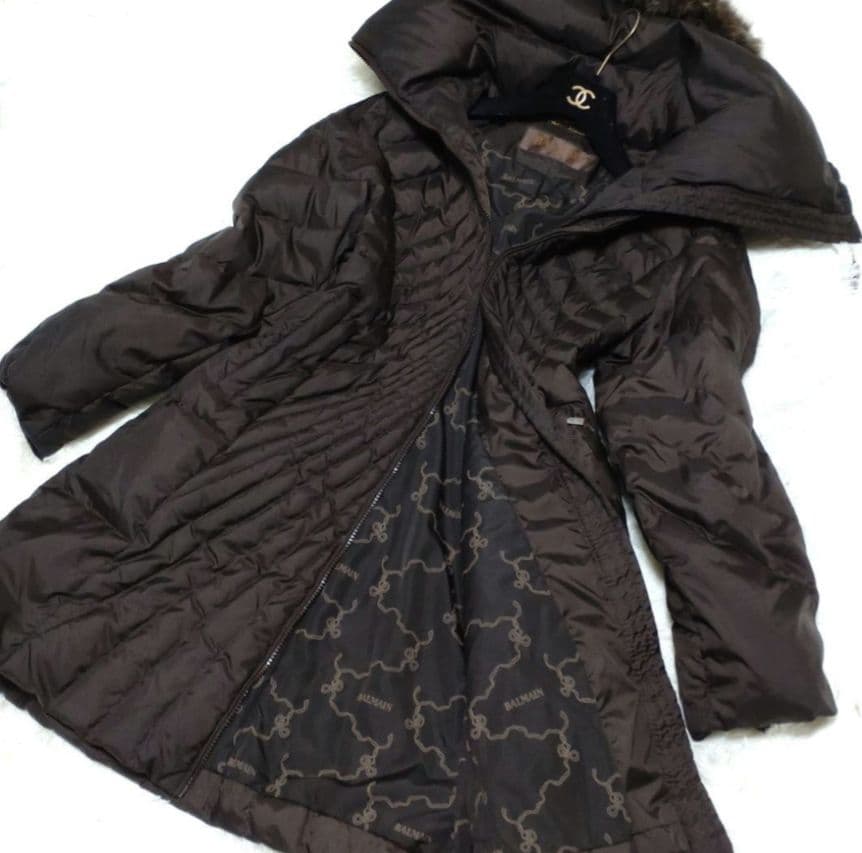 BALMAIN Lサイズ ダウンコート リアルファー 大きいサイズ フード 茶