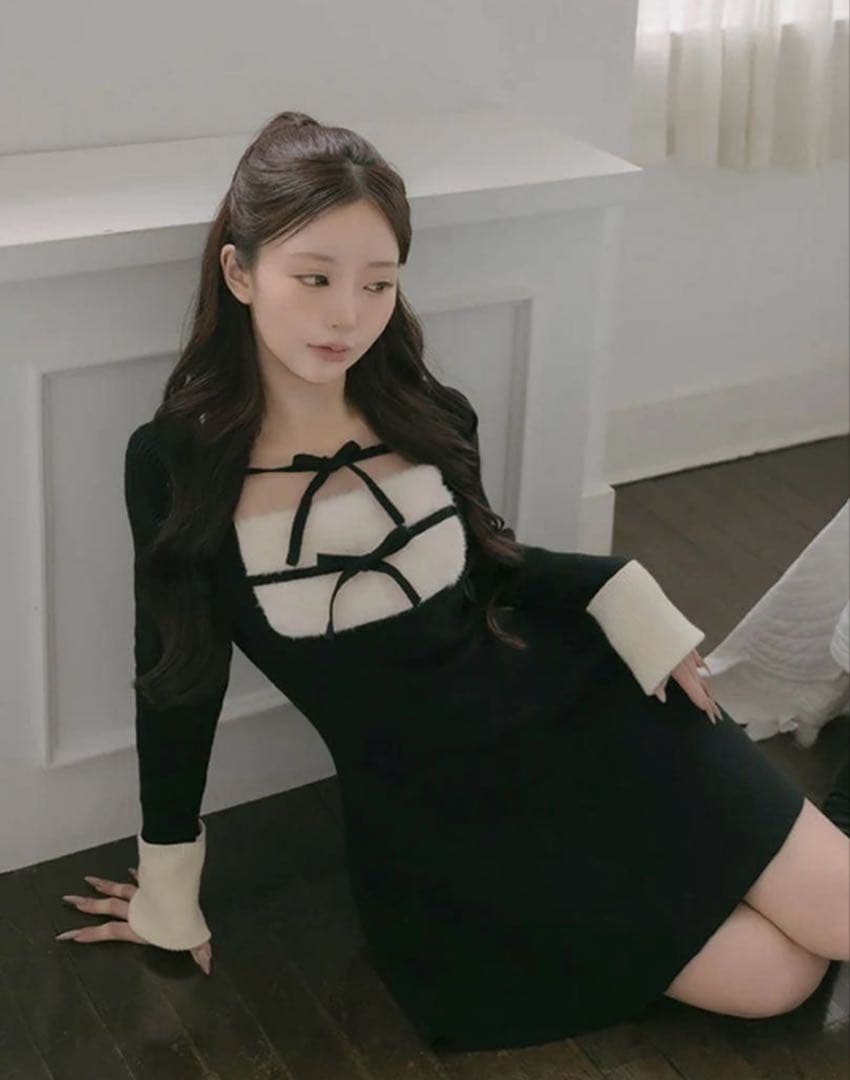 Darich リボンファーフレアニットミニワンピース BLK・FL