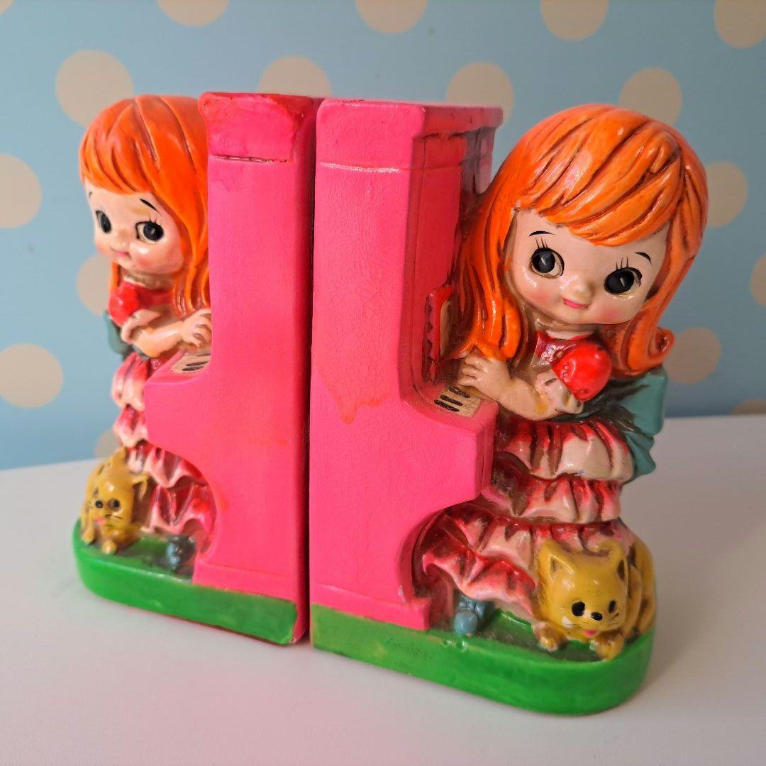 ビンテージ　ブックエンド　ピアノと女の子とネコ　ホリデーフェアー