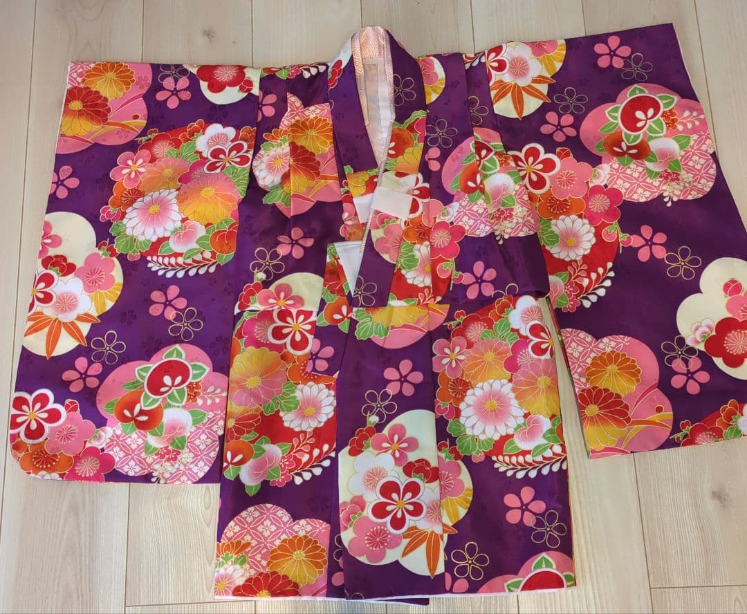 美品★3歳★白い被布＆紫花着物＆白草履小物