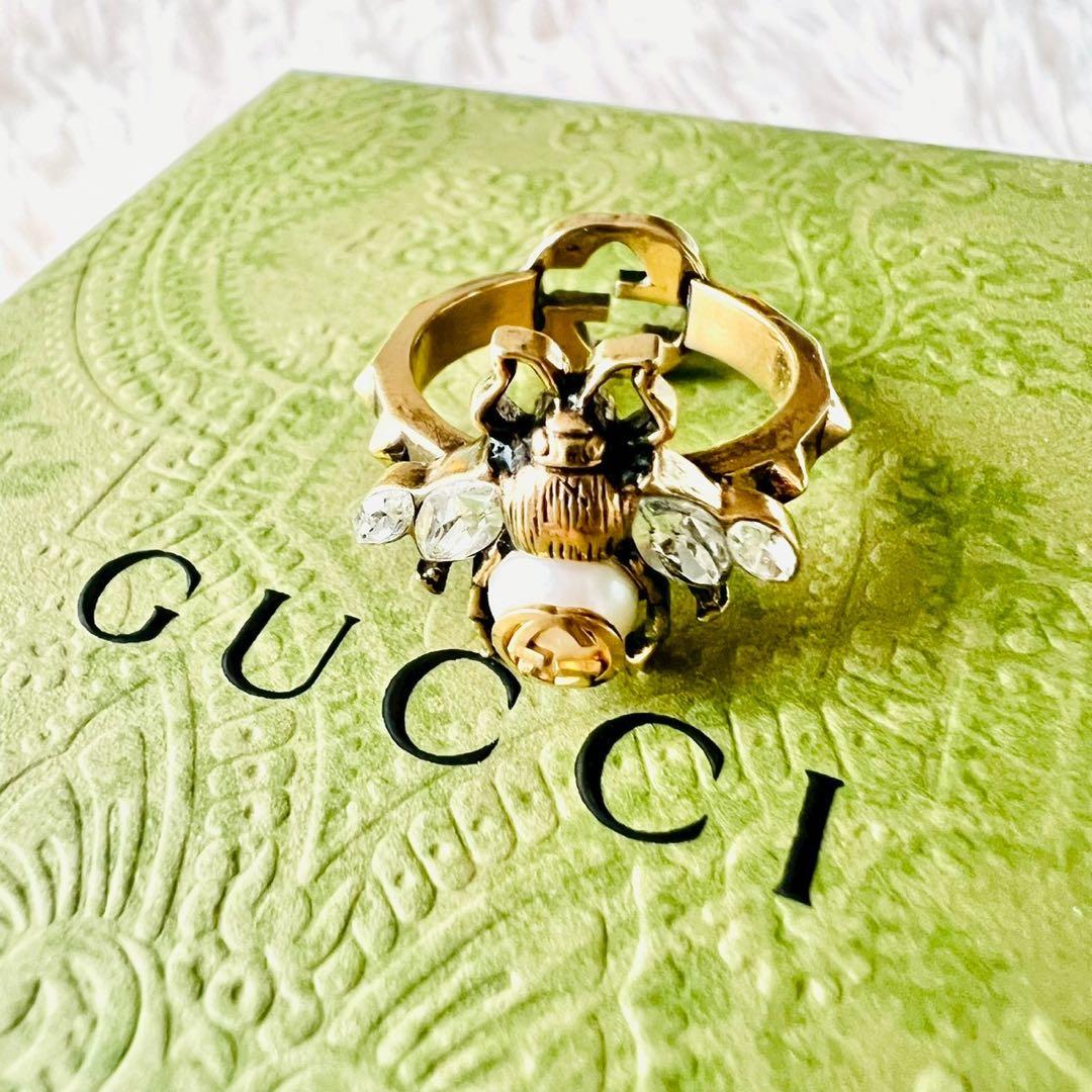 美品✨GUCCI　グッチ　リング　蜂　ホワイトクリスタル　ラインストーン