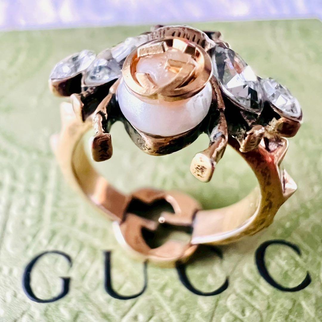 美品✨GUCCI　グッチ　リング　蜂　ホワイトクリスタル　ラインストーン
