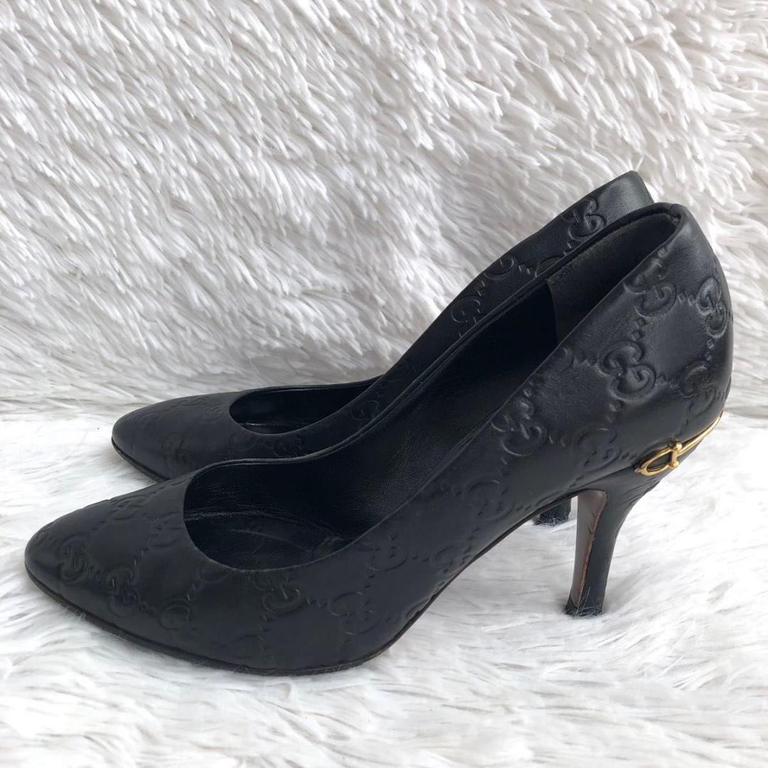 パンプス 23.5 黒 GUCCI グッチ GG シマ 本革 レザー ハイヒール