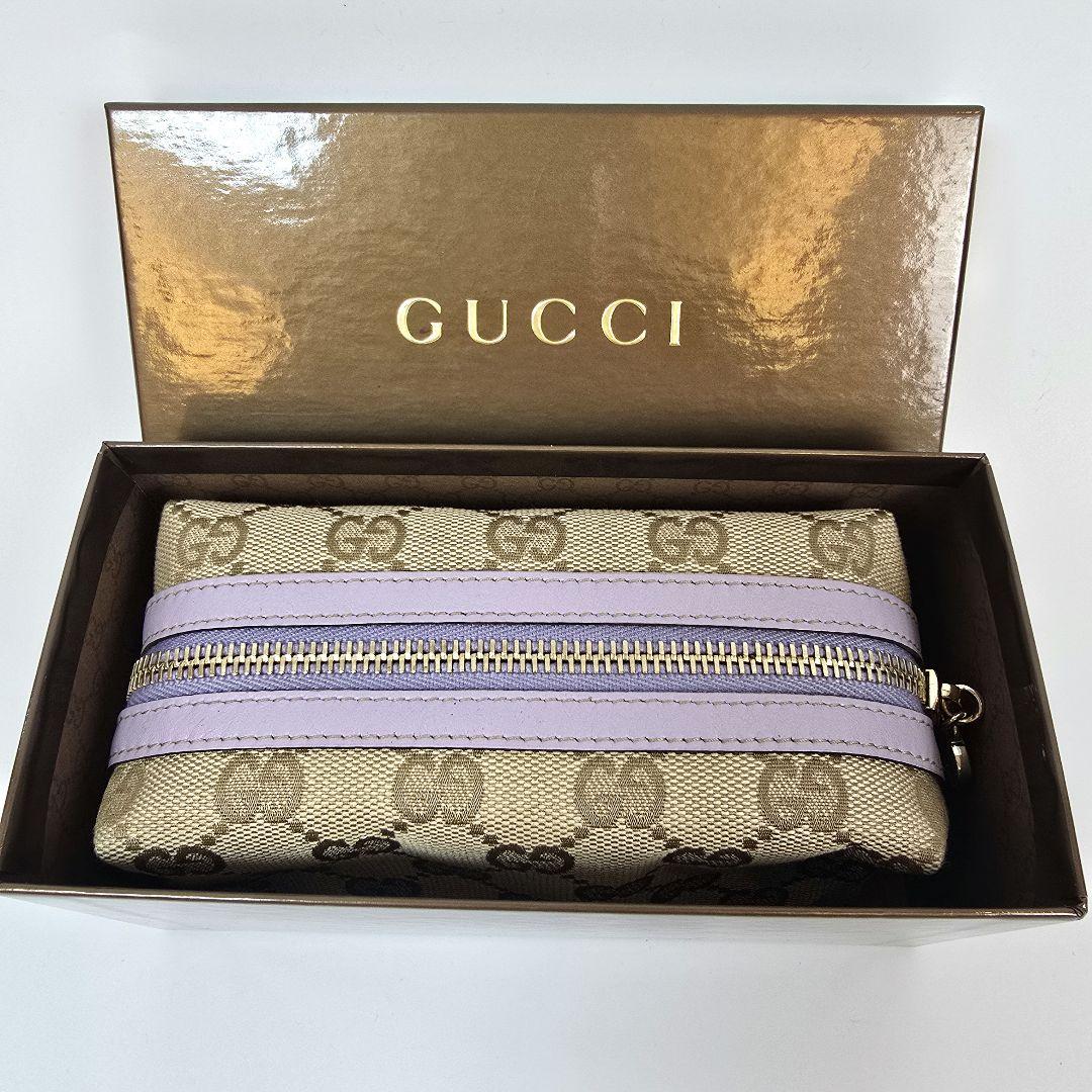レア GUCCI GG キャンバス レザー ポーチ ハート引手 ゴールド