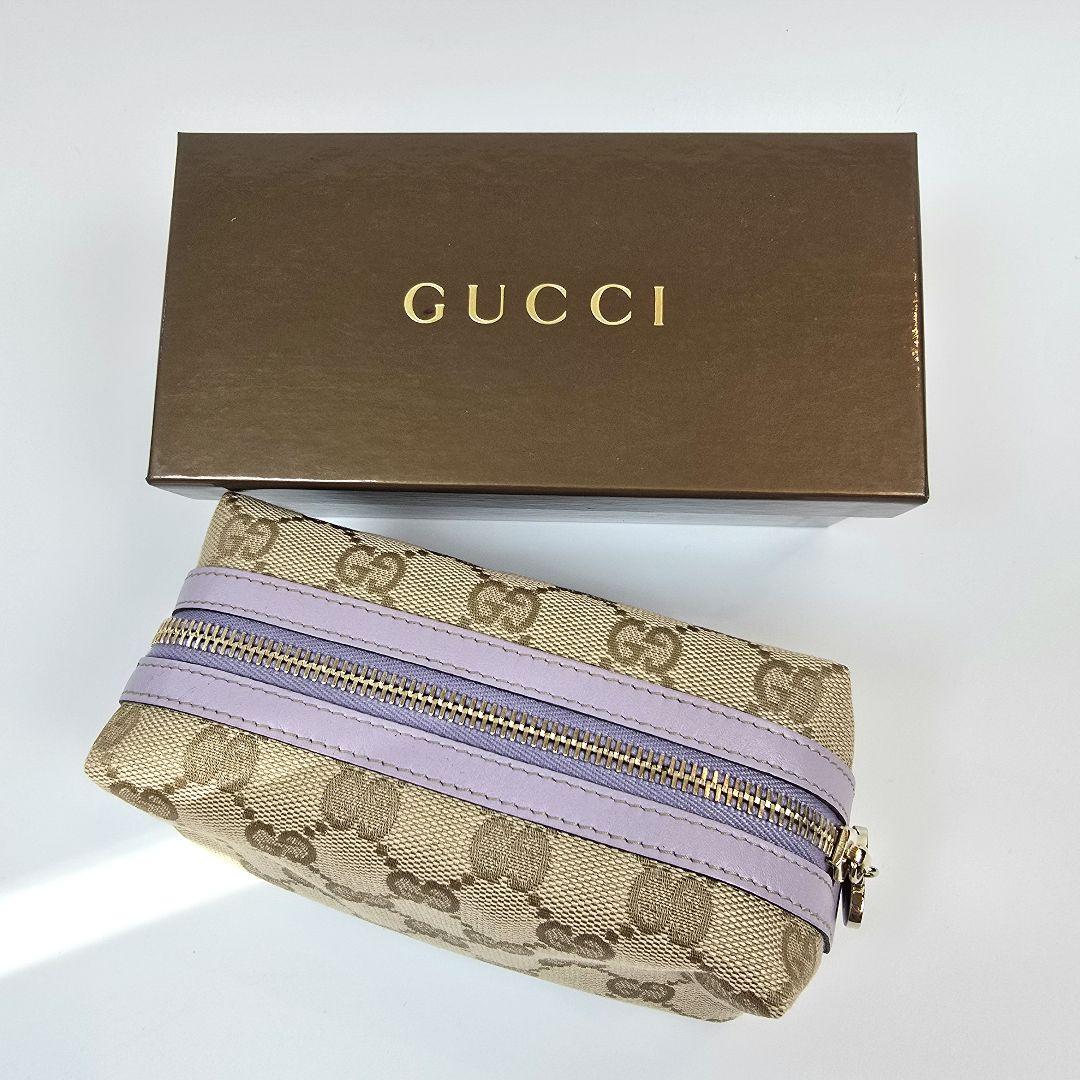 レア GUCCI GG キャンバス レザー ポーチ ハート引手 ゴールド