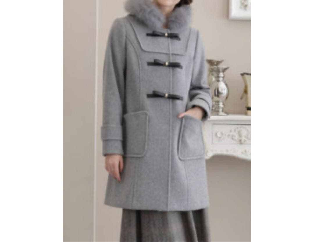 46♡フォックスファー付きダッフルコート　グレー