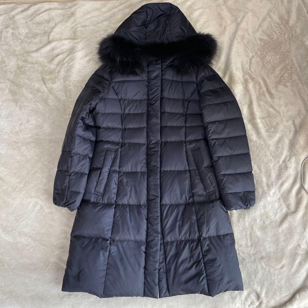 23区 フード付き　Aライン　ロングダウンジャケット ネイビー（濃紺）　38号