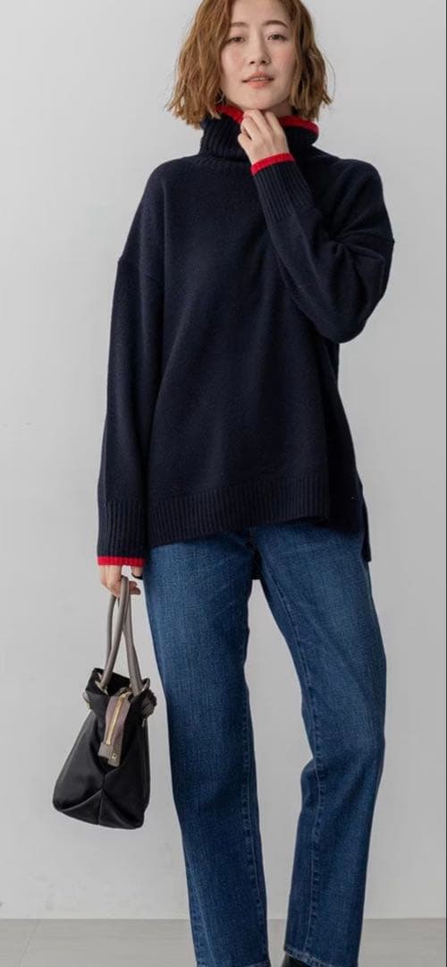 洗える】ウールカシミヤ コンビカラー オフタートル ニット