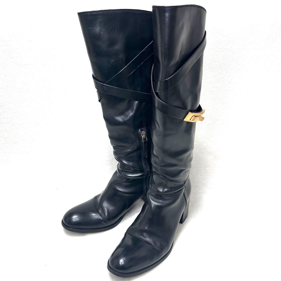 【サルトル】ジョッキーブーツ ロングブーツ ベルト 金具 23.5 伊製 黒