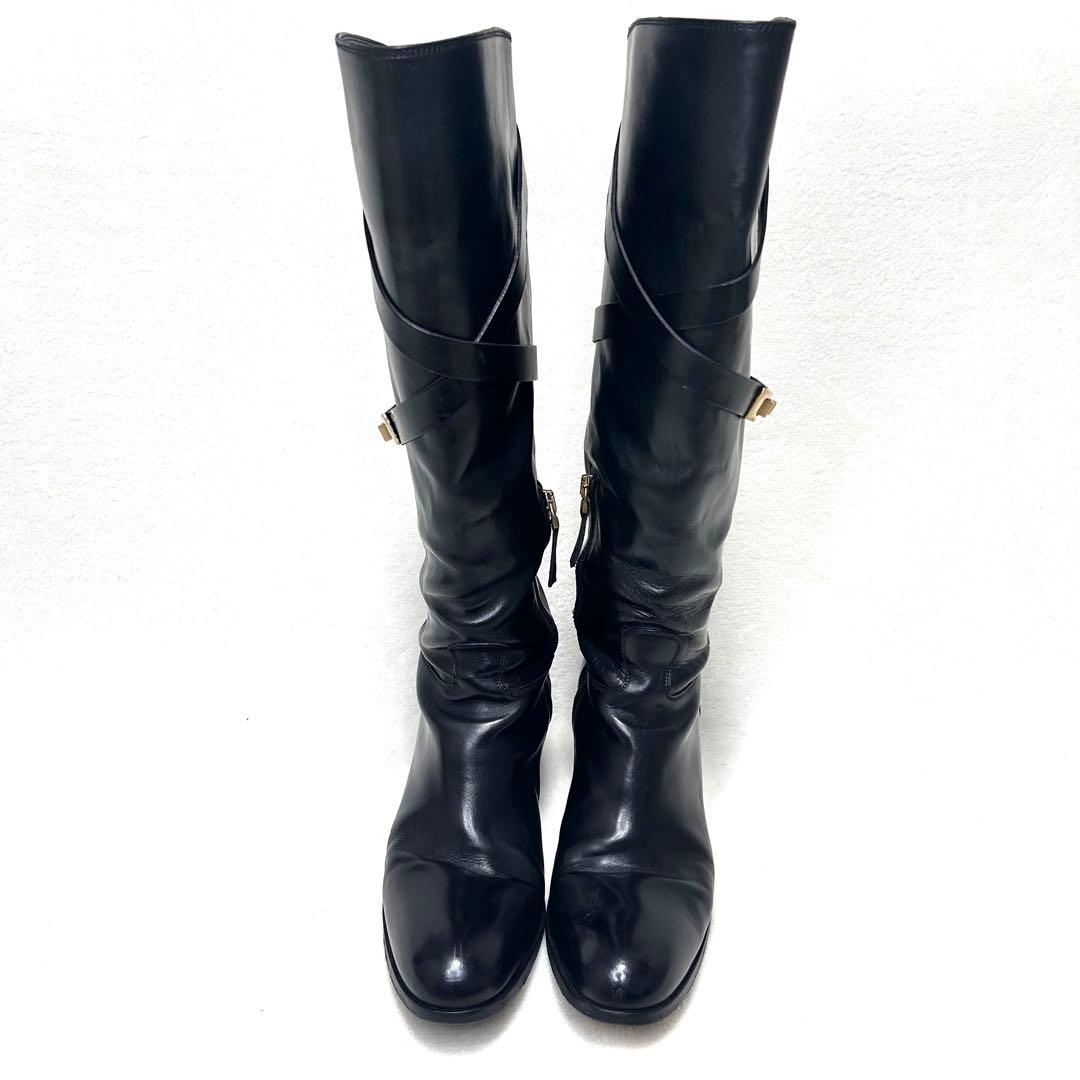 【サルトル】ジョッキーブーツ ロングブーツ ベルト 金具 23.5 伊製 黒