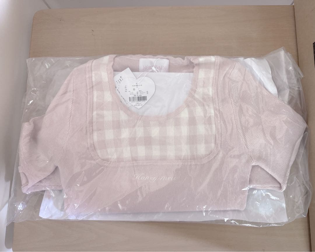 Honey mew ハニーミュウ アームリボンスリットギンガムトップス ピンク