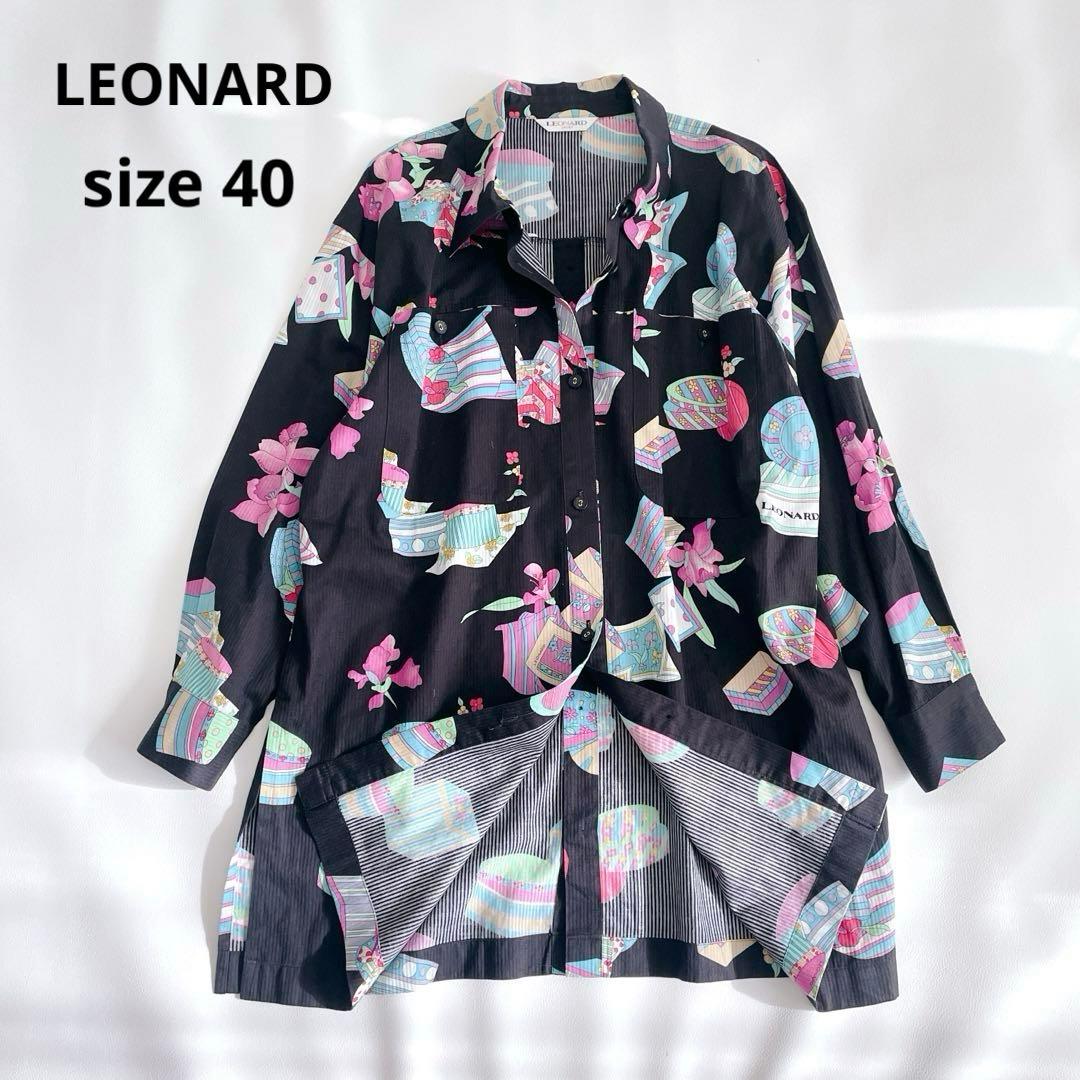 美品✨ LEONARD レオナール 長袖シャツ 総柄　日本製　サイズ40 黒　花