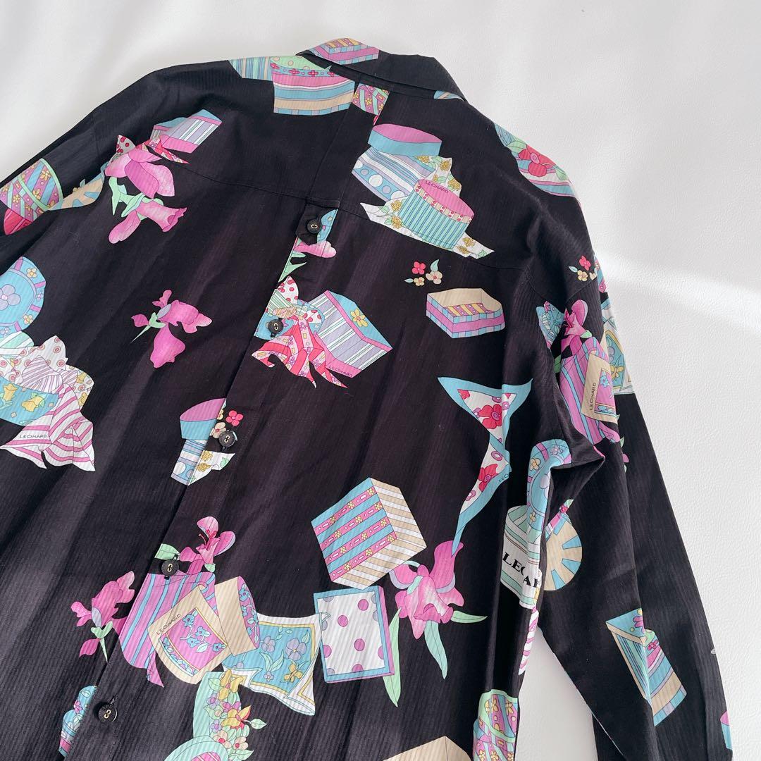 美品✨ LEONARD レオナール 長袖シャツ 総柄　日本製　サイズ40 黒　花