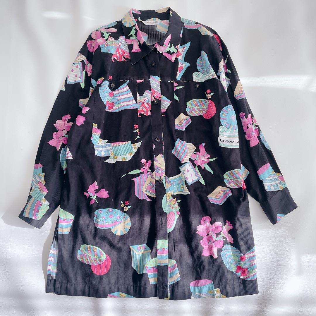 美品✨ LEONARD レオナール 長袖シャツ 総柄　日本製　サイズ40 黒　花