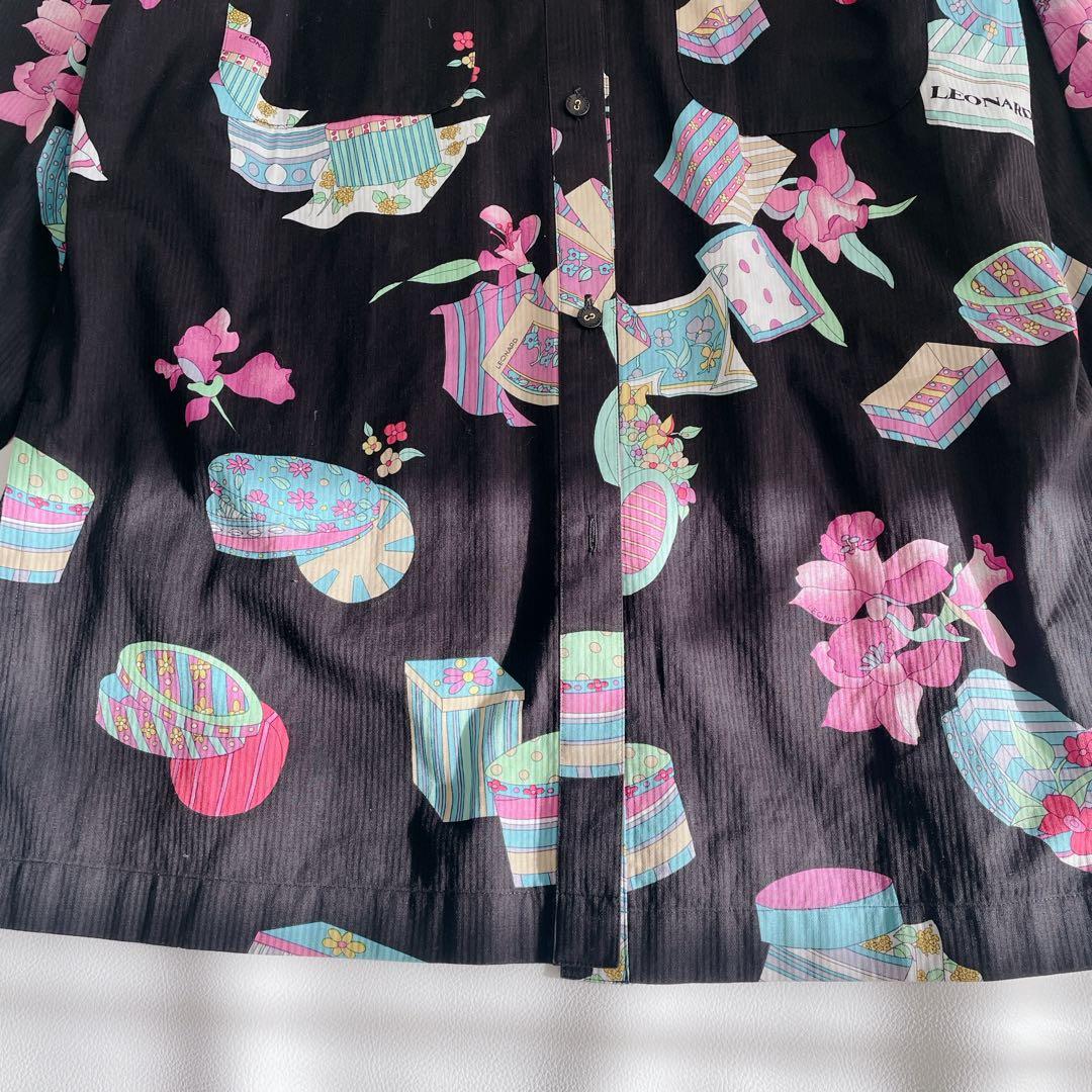 美品✨ LEONARD レオナール 長袖シャツ 総柄　日本製　サイズ40 黒　花