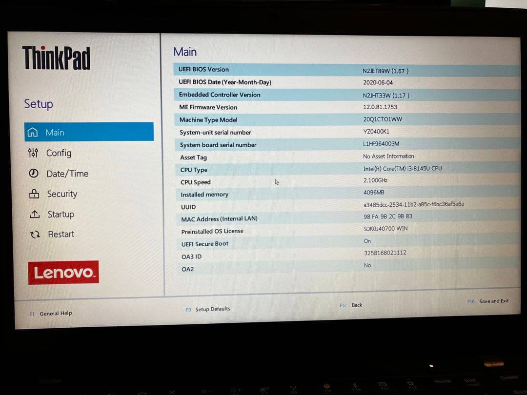Windowsノート本体 LenovoThinkPadX390Corei3-8145USSD:256GB