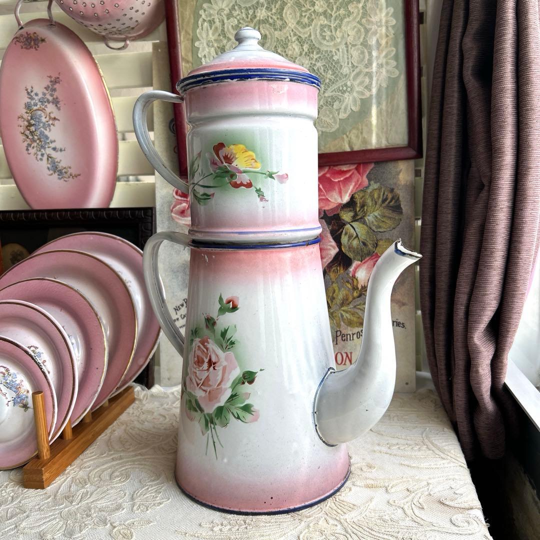 フランスアンティーク　Pink japy ホーローポット