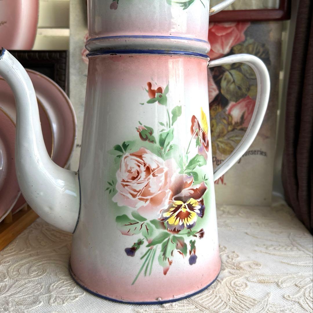 フランスアンティーク　Pink japy ホーローポット