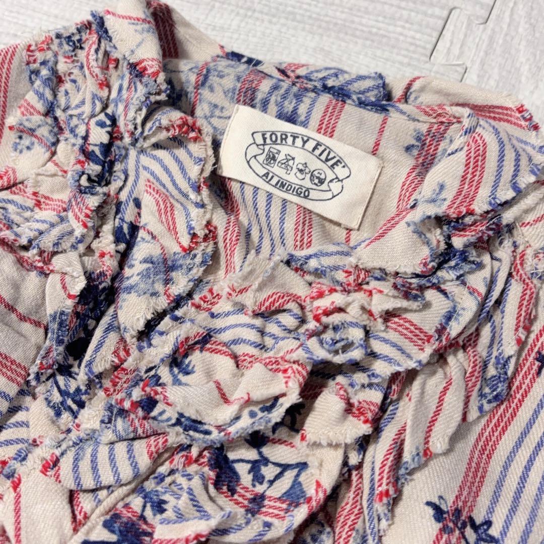 45R ラッフルフリル コットンブラウス 長袖シャツ ボタニカル 花柄