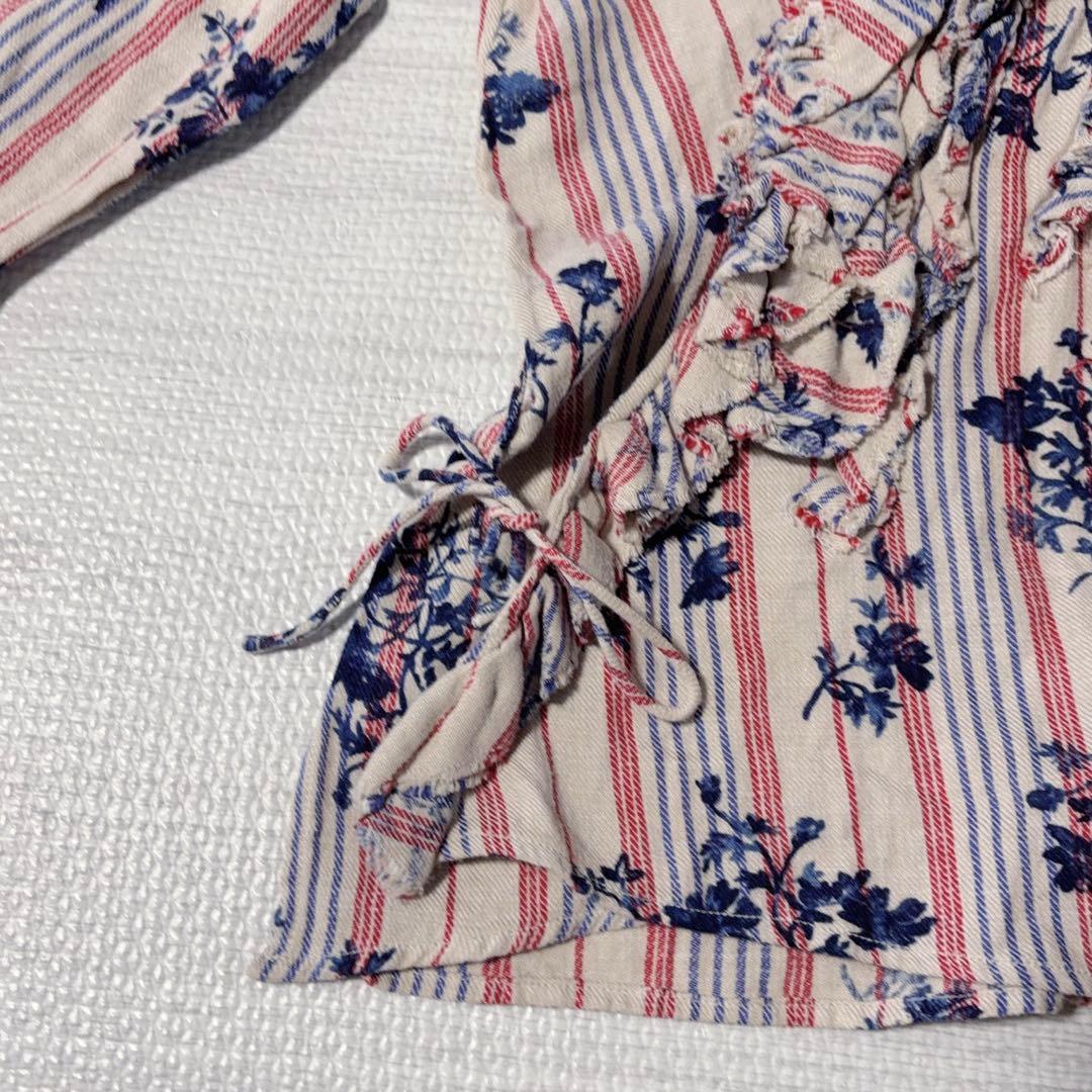 45R ラッフルフリル コットンブラウス 長袖シャツ ボタニカル 花柄