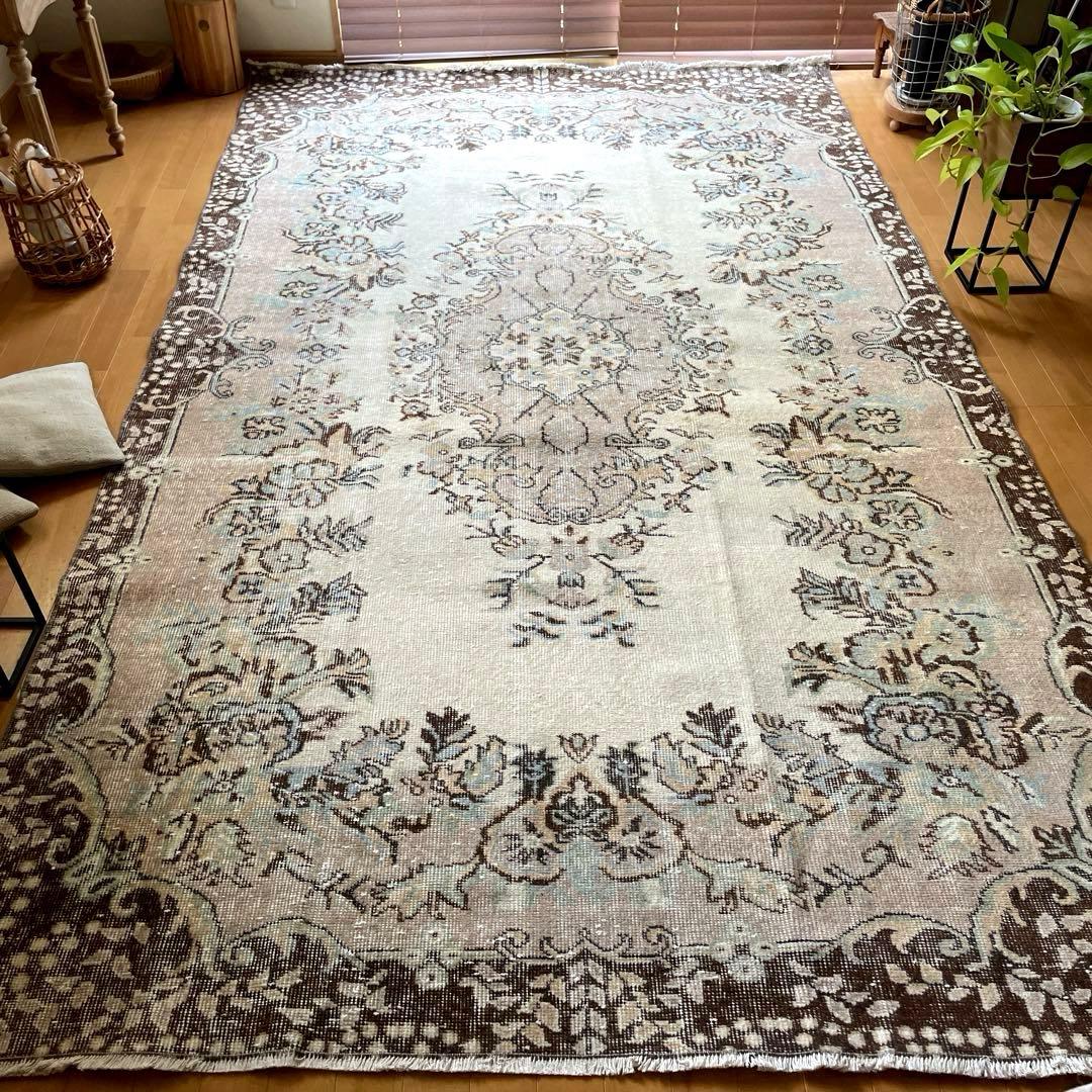 超大判170×292 フローラルメダリオン　グレージュ　トルコヴィンテージラグ