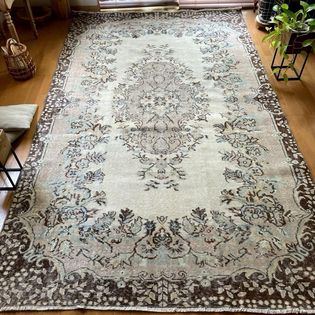 超大判170×292 フローラルメダリオン　グレージュ　トルコヴィンテージラグ