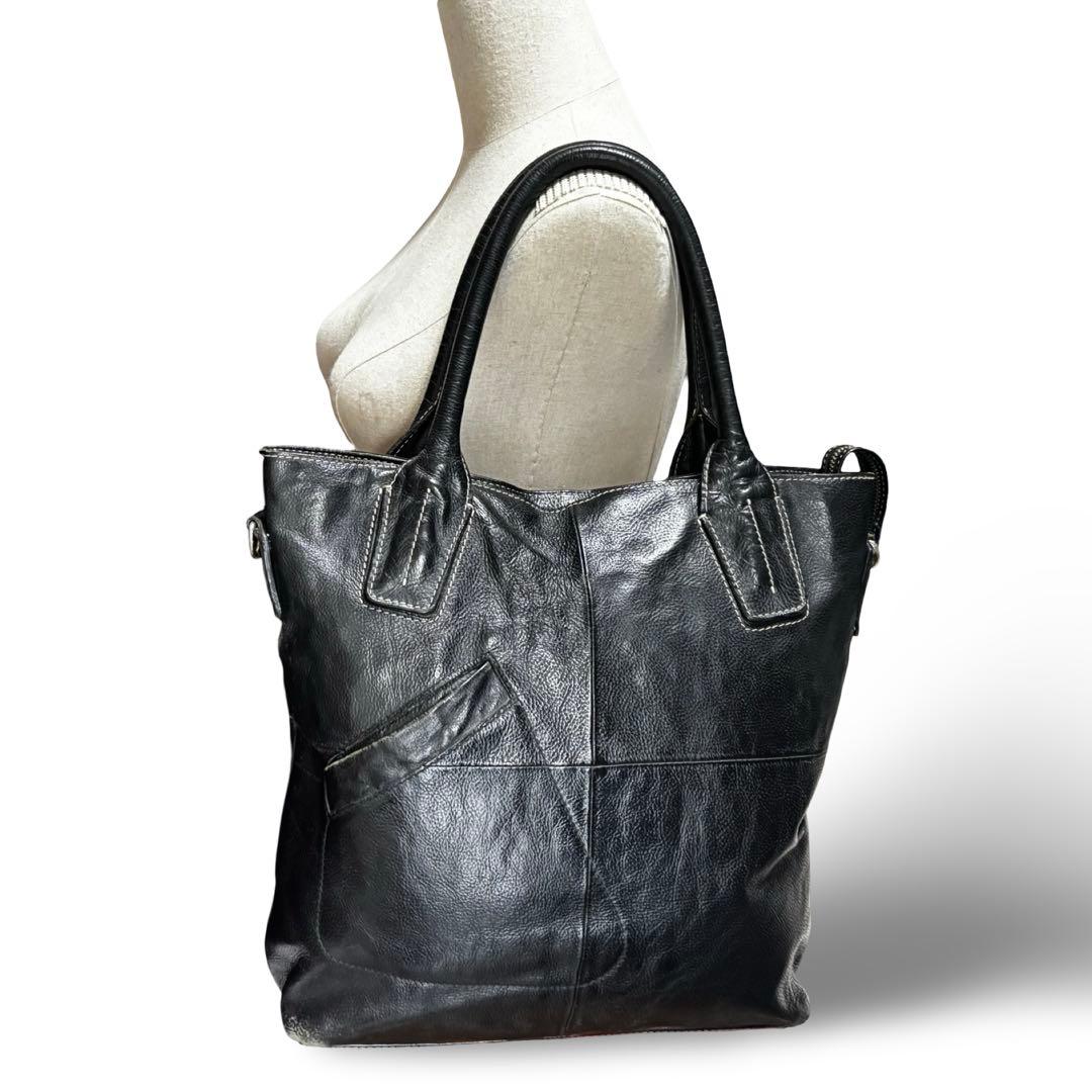 【良品】ピーアイディー　トートバッグ　オールレザー　ブラック　肩掛け　大容量