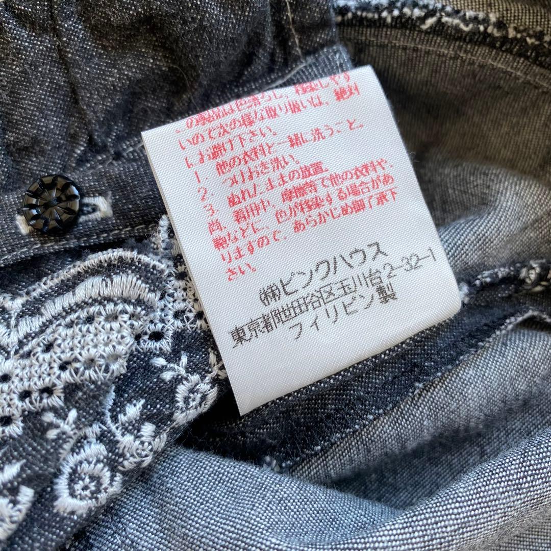 PINK HOUSE デニムトップス 重ね着風 フリル刺繍 リボン