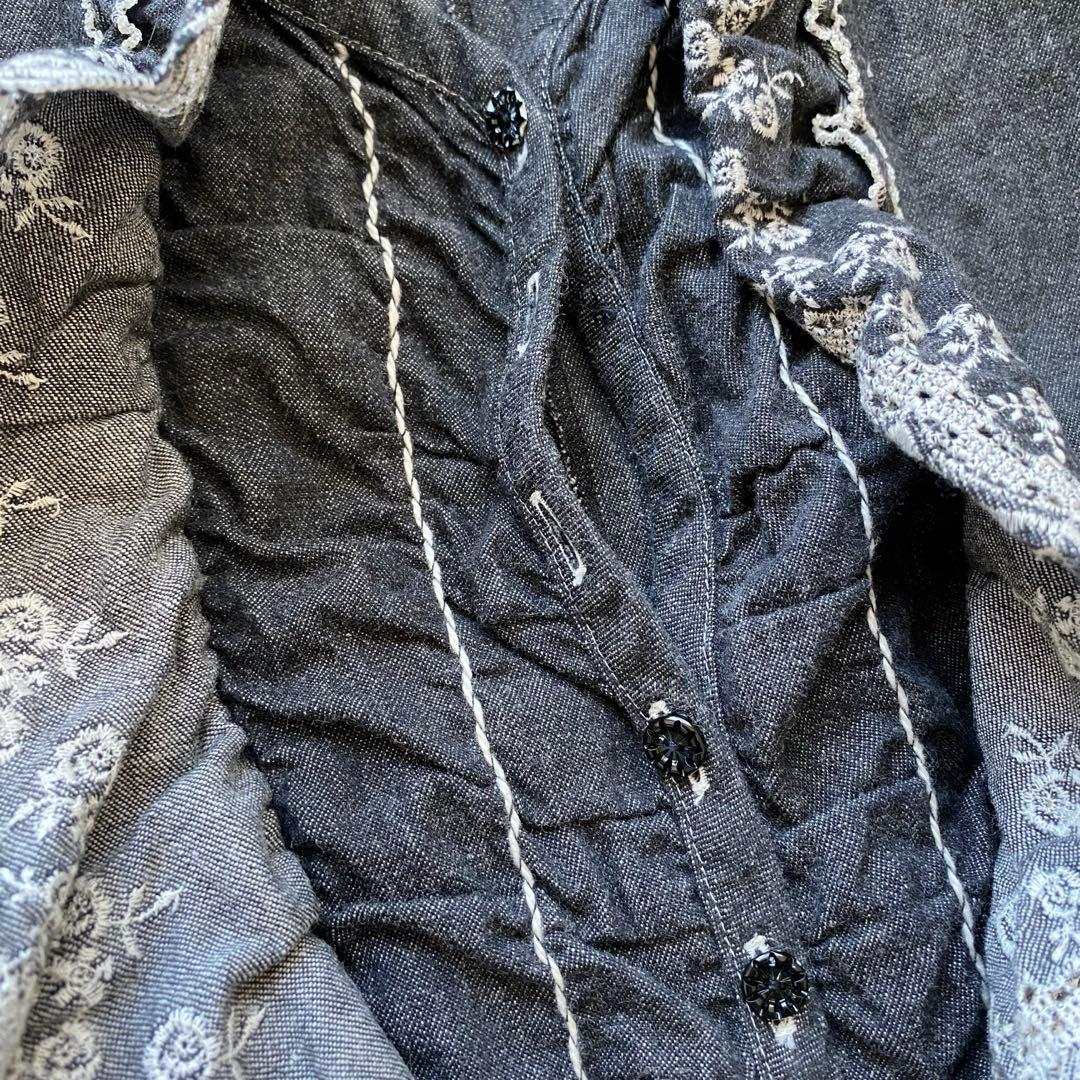 PINK HOUSE デニムトップス 重ね着風 フリル刺繍 リボン